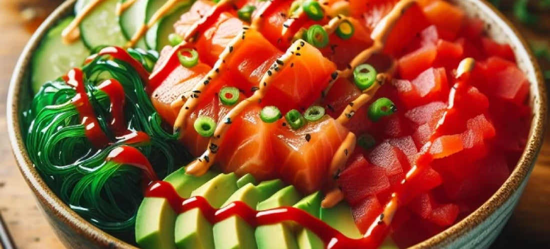 Colorful poke bowl with tuna, avocado, and Amazon’s Sriracha Sauce.